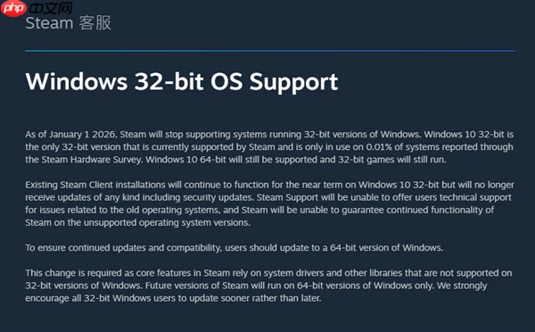 V社官宣:Steam客户端2026年1月1日起停止支持32位Windows系统